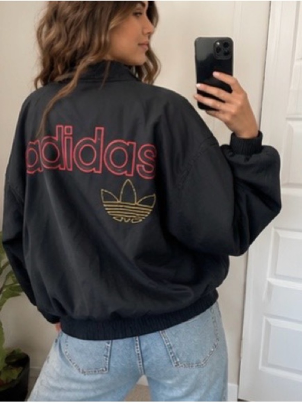 Rare 90s Vintage adidas Black windbreaker Red Yellow Logo Women’s S/M 1990s